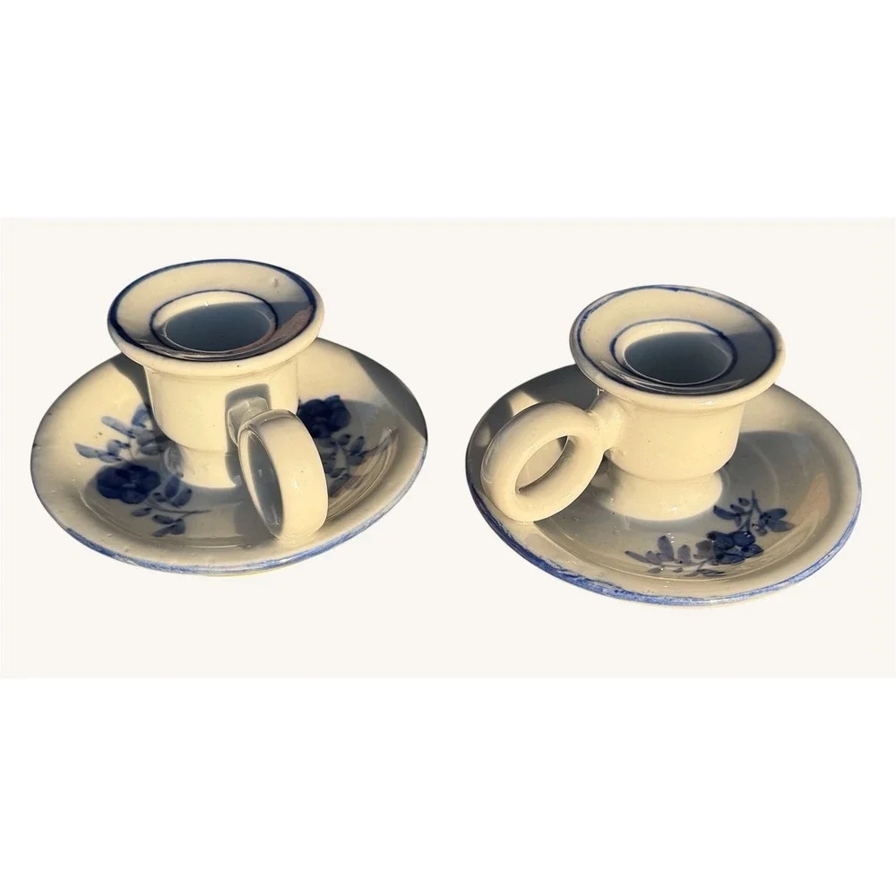 Vintage Blue and White Chamberstick Candle Holder Set Hand Painted Florals